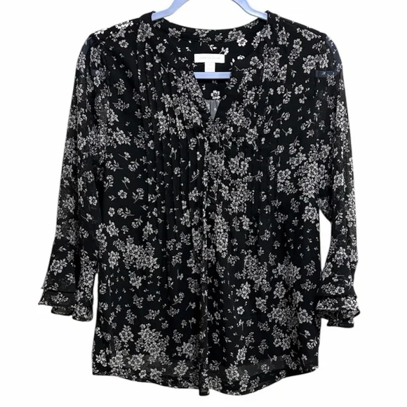 Charter Club Black White Floral Sheer Blouse Petite Small - Picture 1 of 12